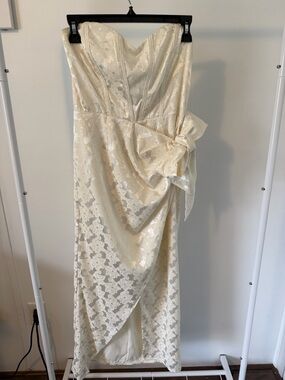 Strapless Lace Overlay Midi Dress in Ivory Cream